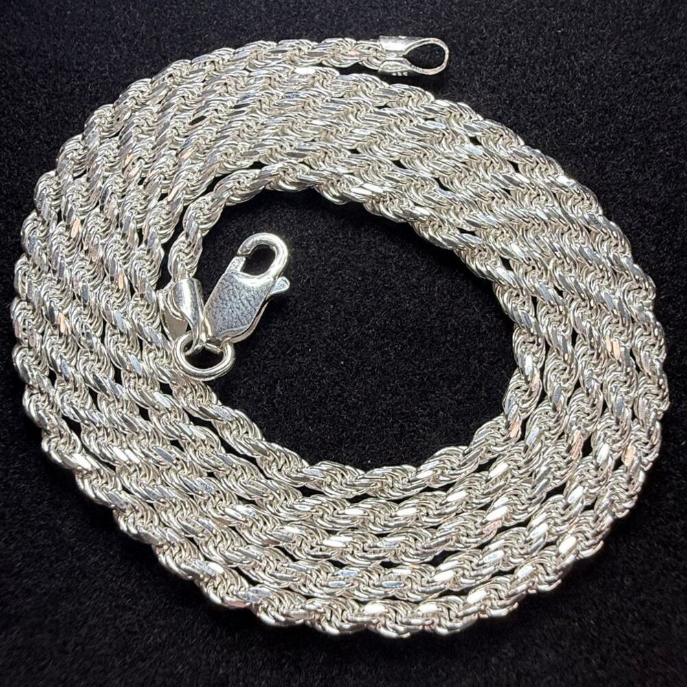 Solid 925 Sterling Silver Diamond Cut Rope 24" Long 2.2mm Wide 11.5 Grams